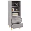 A tall, narrow gray highboard with three shelves and two drawers, standing on four wooden legs against a white background. Náhľad obrázku produktu