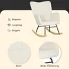 A beige rocking chair with black metal legs and wooden rockers, shown with close-up details of its fabric and padding. Anteprima dell’immagine prodotto