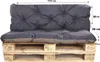 A dark gray cushion set for a pallet sofa, placed on wooden pallets. Dimensions are indicated with arrows and numbers. Produktbild-Vorschau