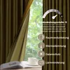 A close-up of a gold-colored velvet curtain with text overlays describing its features. Anteprima dell’immagine prodotto