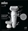 A Braun Silk-épil 9 epilator is shown with water splashes and marketing text highlighting its features and benefits. Náhľad obrázku produktu