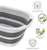 A close-up of a collapsible laundry basket with marketing icons and text on the right side. Produktbild-Vorschau