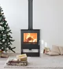 A modern wood-burning stove is shown in a festive setting with a Christmas tree and gifts. Produktbild-Vorschau