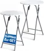 Two round folding tables with a marble-like pattern on the top and chrome legs, displayed on a white background. A blue sign with white text is attached to the front of the smaller table. Anteprima dell’immagine prodotto