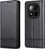 A black leather phone case is shown from two angles, one showing the front and side, the other showing the back. Produktbild-Vorschau