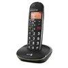 A black cordless phone with an orange display sits on its charging base against a white background. Produktbild-Vorschau