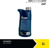A bottle of chainsaw oil on a white background with marketing text at the top and bottom. Produktbild-Vorschau