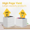 Two stacks of paper are shown, representing high page yield for black and color ink cartridges. Yellow arrows point to the stacks, indicating page counts. Produktbild-Vorschau
