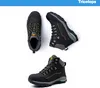 Three views of a pair of black hiking boots with green and yellow accents, displayed on a white background. Produktbild-Vorschau