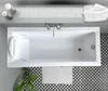 A top-down view of a modern white bathtub with a black and white patterned tile floor and a small rug. Produktbild-Vorschau