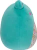 A side view of a teal plush toy frog with a floral pattern on its side and pink cheeks. Produktbild-Vorschau