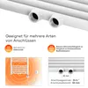 Marketing image showing features and connection types of a white towel radiator. Produktbild-Vorschau