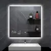 A smart mirror with integrated display and lighting is mounted above a sink in a modern bathroom. Produktbild-Vorschau