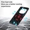 A black phone case is shown with arrows indicating heat dissipation, suggesting a cooling feature. Produktbild-Vorschau