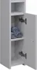 A close-up, side view of a white bathroom cabinet with its door open, revealing shelves with rolled towels. Produktbild-Vorschau