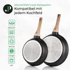Two frying pans with wooden handles are shown from the bottom, with icons indicating compatibility with different stovetops. Podgląd zdjęcia produktu