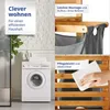 A collage showing a washing machine and a bamboo laundry basket with a laundry bag. Produktbild-Vorschau