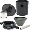 A collection of parts for a vacuum cleaner, including a drum, filter, hose, and nozzle, laid out on a white background. Produktbild-Vorschau