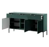 A dark blue-green sideboard with fluted doors and drawers, open to reveal shelves and a drawer. It stands on thin black legs. Náhľad obrázku produktu