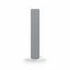 A tall, gray cylindrical heater with a textured surface stands on a white circular base against a white background. Voir les images du produit