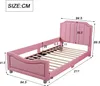 A pink upholstered bed frame with dimensions indicated by measurement lines and numbers. Náhľad obrázku produktu