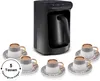 A black Turkish coffee maker is shown with five matching coffee cups and saucers arranged around it on a white background. Produktbild-Vorschau
