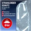 Marketing image for LED string lights, showing them in a snowy environment with text highlighting features. Produktbild-Vorschau