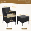 A diagram showing the dimensions of a patio furniture set, including a chair and a table. Produktbild-Vorschau