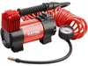 A red and black car air compressor with a pressure gauge and coiled hose, presented on a white background. Náhled obrázku produktu