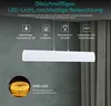 A white LED pendant light is shown hanging from the ceiling, with descriptive text and icons highlighting its features. Produktbild-Vorschau