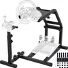 A racing wheel stand with a steering wheel, pedals, and gear shifter attached. Produktbild-Vorschau