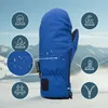 A blue winter glove is shown against a snowy mountain backdrop, with various feature icons surrounding it. Produktbild-Vorschau