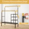 A double-rod garment rack with shelves, shown indoors with text overlays indicating features. Anteprima dell’immagine prodotto