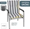 A striped cushion on a chair, with measurement indicators and text overlays. Produktbild-Vorschau