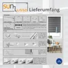 An instructional diagram showing how to assemble and install a roller blind, with a product image in the background. Produktbild-Vorschau