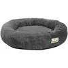 A dark gray, round dog bed with a raised edge, shown from a side-angle against a white background. A small, light-colored tag with the word 'FLUFFY' and a paw print logo is attached to the side of the bed. Produktbild-Vorschau