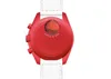 The back of a red Swatch x Omega Bioceramic Moonswatch Mission to Mars watch with a white strap is shown against a white background. Voir les images du produit