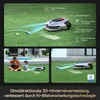A robotic lawnmower is shown in various scenarios, demonstrating its features and capabilities. Produktbild-Vorschau