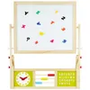 A wooden easel with a whiteboard on top and educational tools like a clock, abacus, and alphabet chart on the bottom. Produktbild-Vorschau