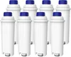 A group of eight white water filter cartridges with blue caps are arranged in two rows against a white background. Podgląd zdjęcia produktu