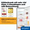 A refrigerator is shown open, displaying its interior with food and drinks. Promotional text and awards are present on the left side. Produktbild-Vorschau
