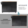 Two images of a black kitchen island, one showing it with wheels and the other with feet, with accompanying text describing its features. Náhľad obrázku produktu