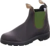 A single brown leather boot with green elastic side panels is shown against a white background. Produktbild-Vorschau