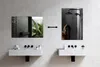 A modern bathroom scene with two sinks and mirrors, one showing a woman showering. Náhľad obrázku produktu
