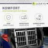 A dog transport box is shown inside the trunk of a car, with marketing text and icons above. Produktbild-Vorschau
