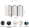 An exploded view diagram of a room divider, showing its components and dimensions, with feature callouts at the bottom. Voir les images du produit