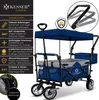 A blue and gray KESSER® outdoor wagon with a canopy, shown from a slightly angled front view, with text and icons highlighting its features. Produktbild-Vorschau