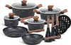 A set of black ceramic and marble pots and pans with wooden handles and kitchen utensils, displayed on a white background. Produktbild-Vorschau