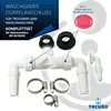 A product image showing a plumbing connection kit for washing machines and dryers, with various components laid out and text overlays describing the product. Produktbild-Vorschau