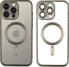 Two iPhone cases are shown side-by-side against a white background. The case on the left is a smoky gray color, while the case on the right is clear. Both cases feature a metallic ring around the camera module and a circular MagSafe magnet on the back, alo Produktbild-Vorschau